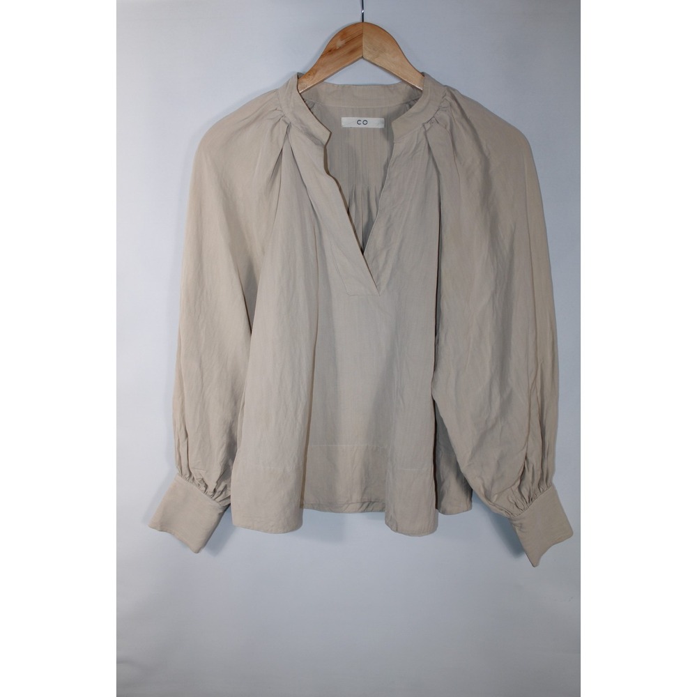CO Collections Women's Medium Beige Linen Blend V-Neck Top